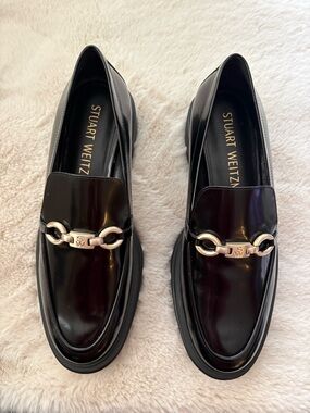 Stuart Weitzman Black Leather Bit Loafers with Silver Tone Hardware 10.5